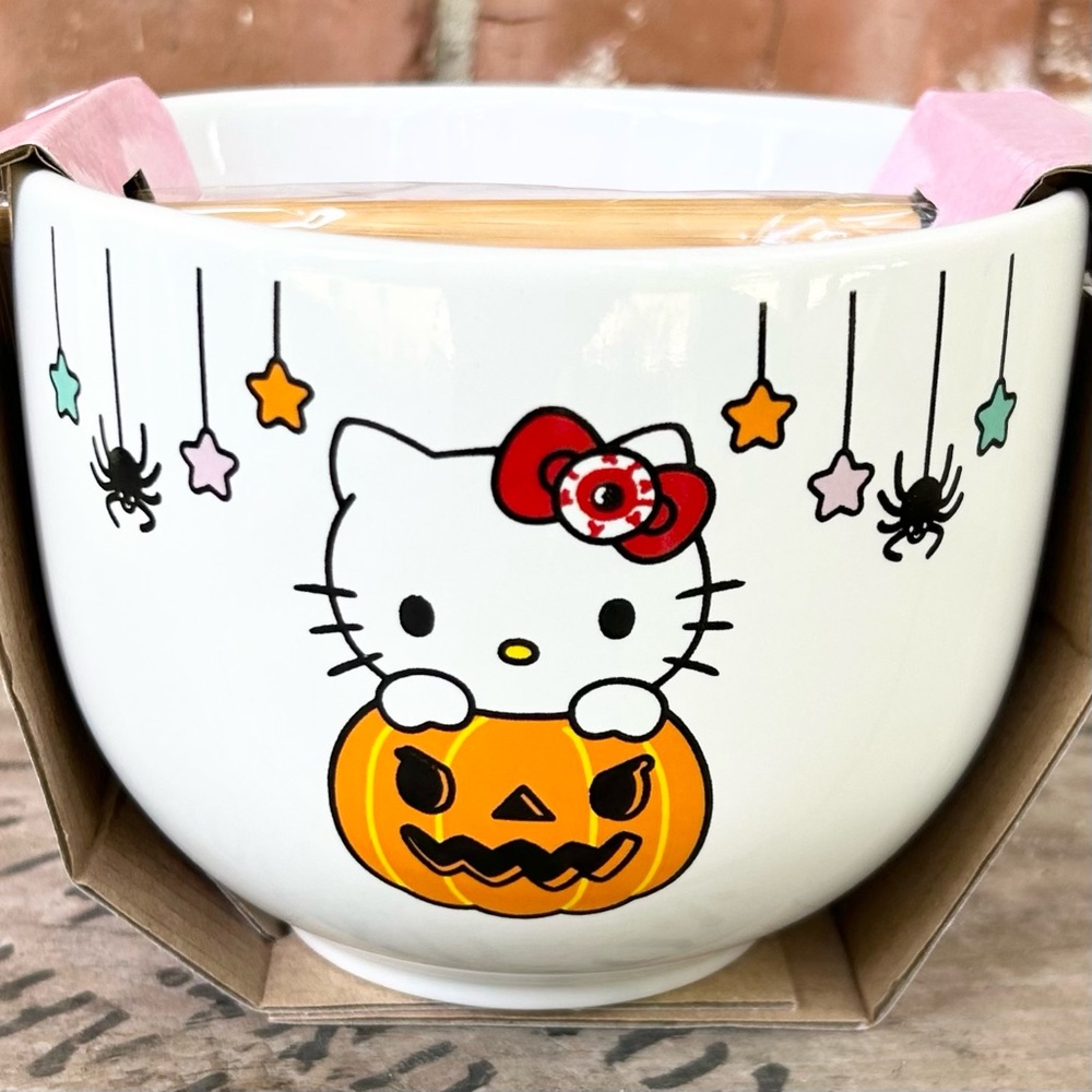Halloween Hello Kitty Ramen Bowl With Chopsticks Pumpkins Stars White Ceramic